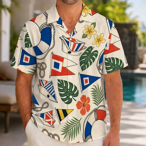 Nautical Signal Flags and Lifebuoys for Beach Vacations and Coastal Weekends for Men Hawaiian Shirt