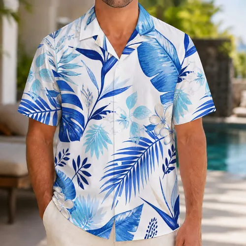 Blue Tropical Leaf Botanicals for Beach Vacations and Island Getaways for Stylish Men Hawaiian Shirt