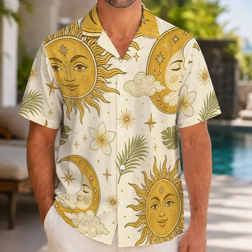 Golden Sun and Crescent Moon Motifs for Beach Vacations and Everyday Menswear Hawaiian Shirt
