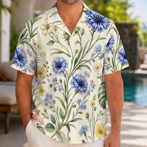 Blue Wildflower Garden With Green Leaves For Resort Days And Coastal Getaways For Men Hawaiian Shirt