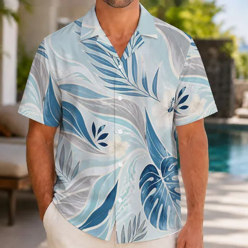 Blue Ocean Wave Leaf Colorblock Resort Style for Summer Beach Travel Getaways Men Hawaiian Shirt