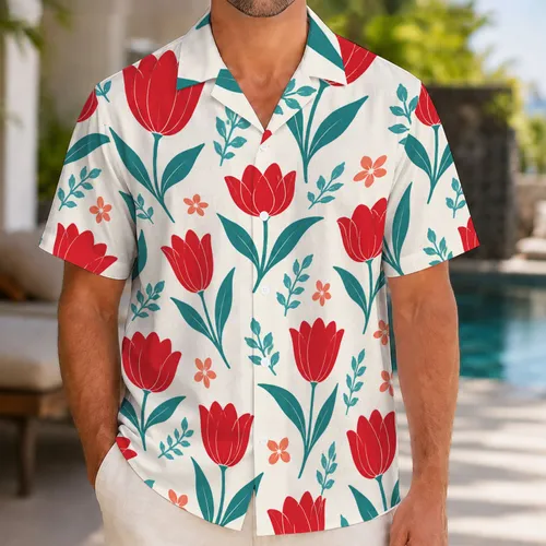 Red Tulip Garden Motifs for Sunny Resort Days and Weekend Getaways for Modern Men Hawaiian Shirt