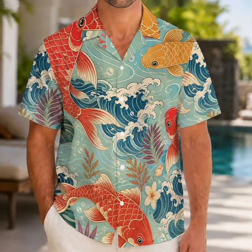Crimson Koi Fish and Rolling Ocean Waves for Resort Evenings and Island Getaway Style Hawaiian Shirt