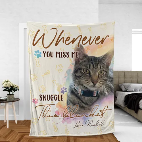 Personalized Cat Memorial Blanket – Custom Pet Photo Whenever You Miss Me Fleece Throw, Sympathy Remembrance Gift for Cat Lovers