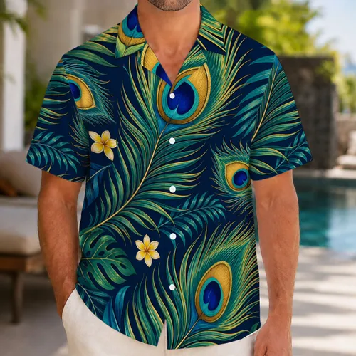 Peacock Feather and Tropical Frond Motif for Resort Getaways and Summer Beach Style Hawaiian Shirt
