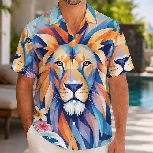 Bold Geometric Lion Portrait for Tropical Getaways and Summer Resort Style for Men Hawaiian Shirt