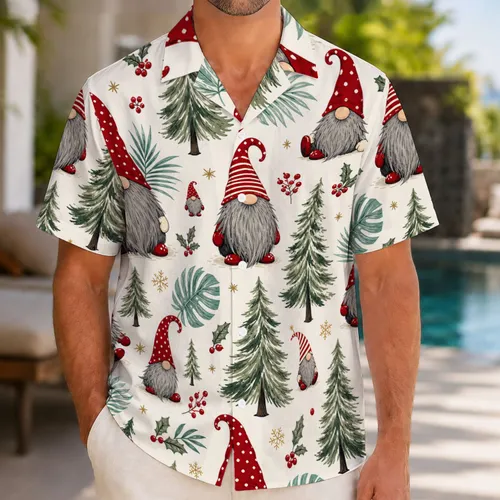 Christmas Gnome and Evergreen Tree Motifs for Holiday Gatherings, Men’s Festive Style Hawaiian Shirt