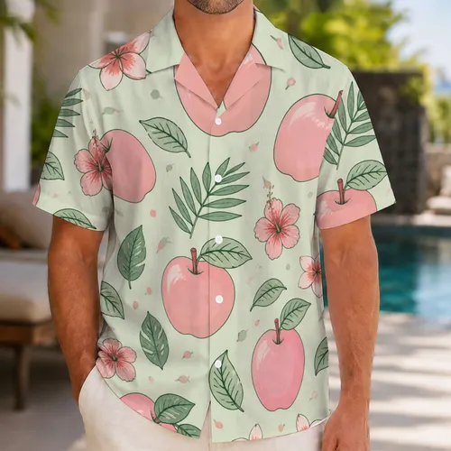Pink Apple Orchard Motif for Sunny Vacation Style and Fruit-Lover Gift Ideas Men Hawaiian Shirt