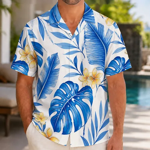 Blue Tropical Palm Leaves and Golden Plumeria for Beach Vacation Style Men Summer Hawaiian Shirt