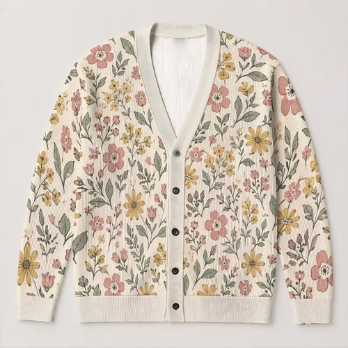Pastel Botanical Flowers And Leaves For Spring Vacation Layering, Plus Size Women All-over Print Knitted Cardigan