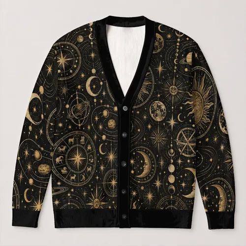 Celestial Tarot Astrology Motifs for Mystic Layering, Festivals, and Everyday Style All-over Print Knitted Cardigan