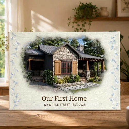 Personalized House Portrait Canvas – Custom Address & Year Watercolor from Photo, First Home Housewarming Gift