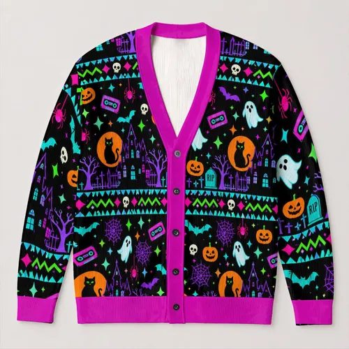 Neon Halloween Haunted House Cats And Ghosts For Spooky October Celebrations All-over Print Knitted Cardigan