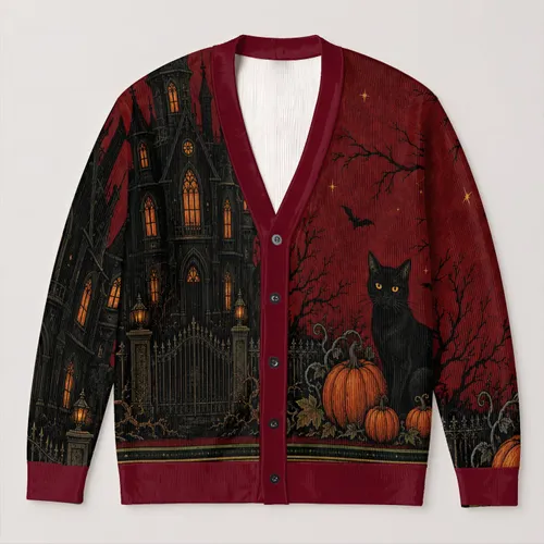 Gothic Mansion, Black Cat & Pumpkin Halloween Style for Spooky Autumn Evenings All-over Print Knitted Cardigan