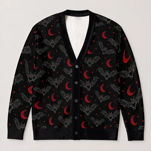 Mothman and Crimson Crescent Moon Night Sky for Gothic Everyday Layering and Collectors All-over Print Knitted Cardigan