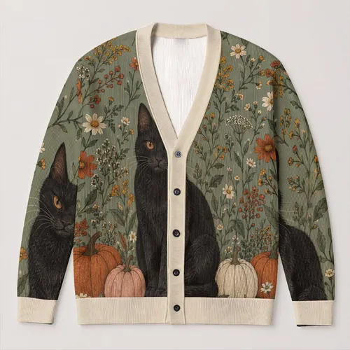 Black Cat and Pumpkins with Autumn Wildflowers for Halloween Cottagecore Style All-over Print Knitted Cardigan