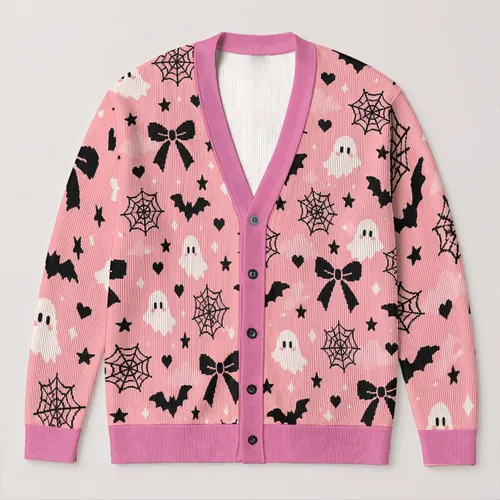 Cute Ghosts, Bats and Black Bows for Playful Halloween Layering and Cozy Autumn Style All-over Print Knitted Cardigan