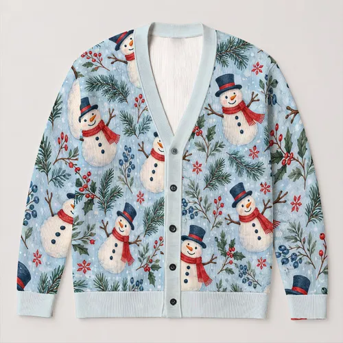 Snowman Pine Branch Scene for Festive Holiday Layering and Winter Gatherings for Women All-over Print Knitted Cardigan