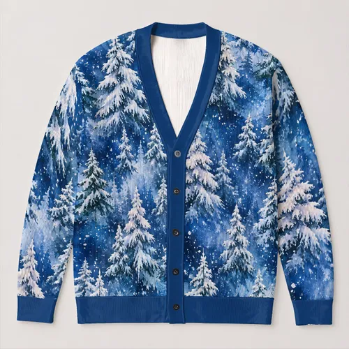 Blue Watercolor Winter Evergreen Trees for Holiday Snow Days and Cozy Layering Style All-over Print Knitted Cardigan