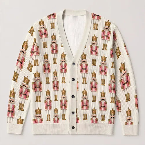 Pink Nutcracker Soldiers For Festive Family Gatherings And Cozy Holiday Layering All-over Print Knitted Cardigan