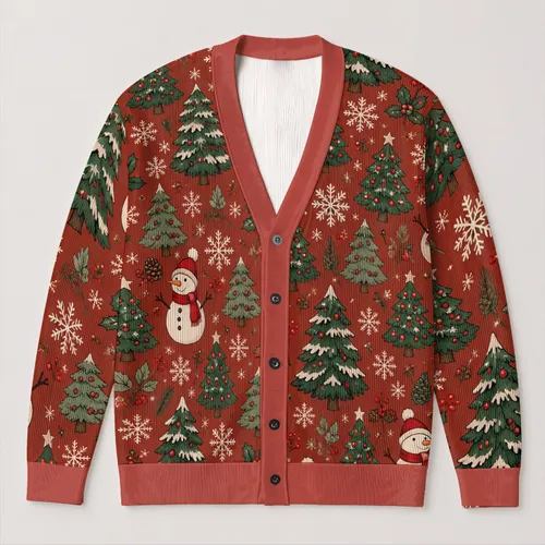 Christmas Snowmen and Evergreen Trees for Festive Holiday Layering for Women at Gatherings All-over Print Knitted Cardigan