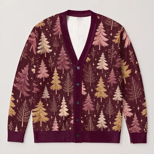 Pink Gold Pine Trees for Cozy Holiday Layering and Festive Winter Wardrobe Style All-over Print Knitted Cardigan