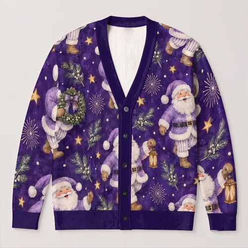 Santa Claus Holiday Cheer With Purple Stars For Festive Everyday Layering For Women All-over Print Knitted Cardigan