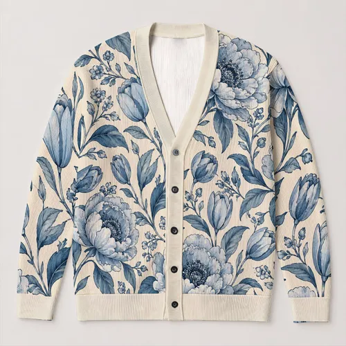 Blue Botanical Peony Florals for Elegant Everyday Layering, Spring Outings and Gifts All-over Print Knitted Cardigan