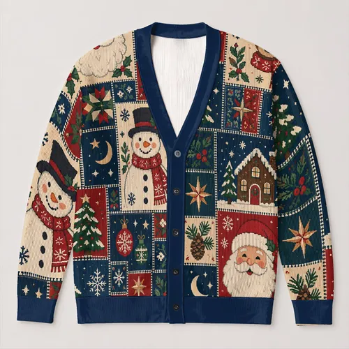 Santa, Snowman & Gingerbread House Holiday Cheer for Cozy Christmas Gift Giving All-over Print Knitted Cardigan