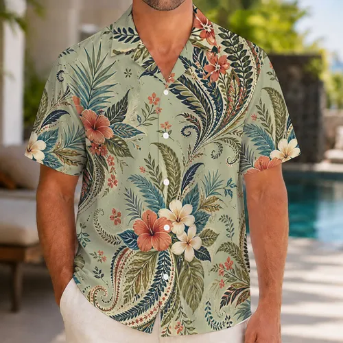 Tropical Fern and Coral Flower Motifs for Island Vacations, Beach Days, and Kids Hawaiian Shirt