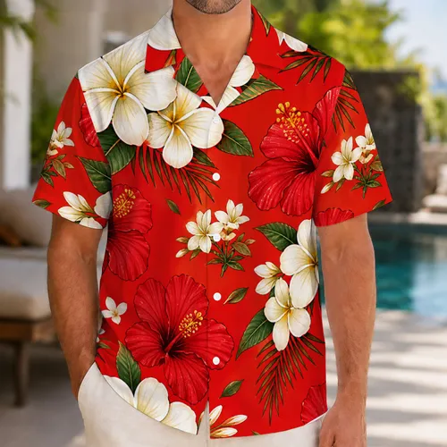 Red Hibiscus And White Plumeria For Tropical Vacations, Beach Days, And Resort Getaways Hawaiian Shirt