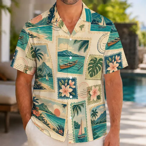 Vintage Tropical Postcard Islands for Resort Vacations, Beach Getaways, and Travel Lovers Hawaiian Shirt