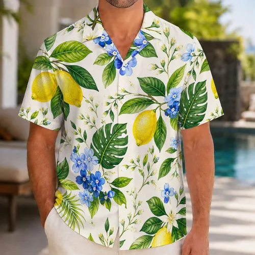 Italian Lemon Blue Floral Family Summer Vacation Matching Outfits for Mom, Dad and Kids Hawaiian Shirt