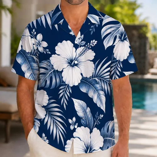 Navy White Hibiscus Tropical Couple Resort Style for Beach Vacations and Honeymoons Hawaiian Shirt