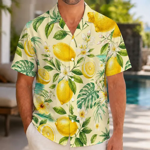 Fresh Yellow Lemon Couple Outfit for Tropical Beach Vacations and Stylish Resort Getaways Hawaiian Shirt