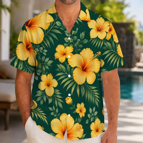 Golden Hibiscus Couple Resort Outfit for Tropical Vacations and Summer Beach Getaways Hawaiian Shirt