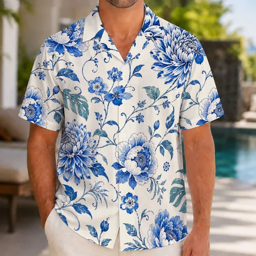 Blue Botanical Blossoms for Beach Holidays and Resort Getaways, Matching Couples Hawaiian Shirt