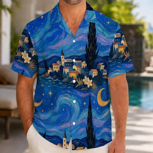 Swirling Moonlit Village Couple Gift For Romantic Summer Lounging And Getaways Together Hawaiian Shirt