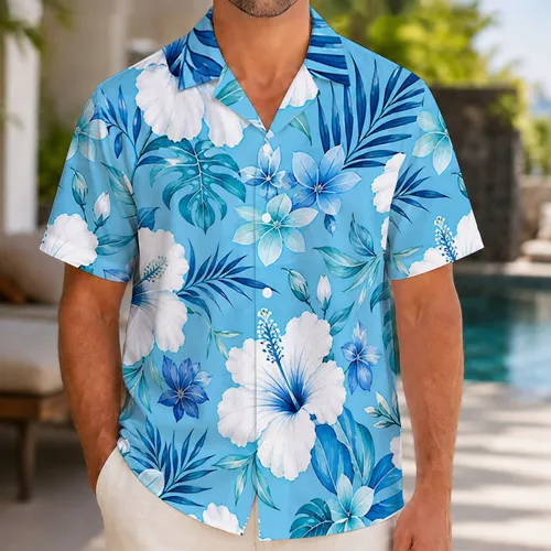 Blue Hibiscus Couple Outfit for Tropical Vacations and Beach Getaways for Partners Hawaiian Shirt