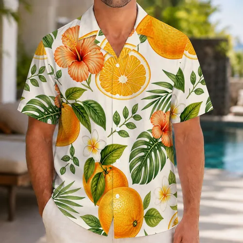 Citrus Orange And Green Leaf Vacation Style For Matching Family Outfits And Kids Hawaiian Shirt