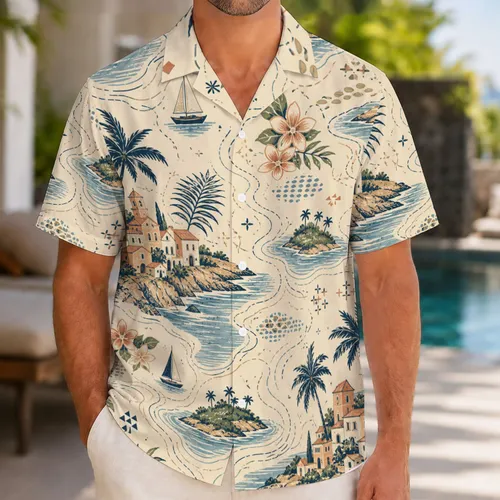 Navy Coastal Palm Map Couple Vacation Outfit for Amalfi Honeymoon and Island Travel Hawaiian Shirt