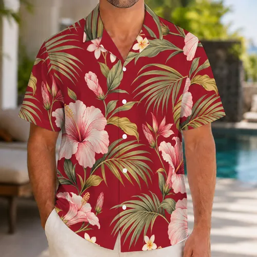 Burgundy Hibiscus Palm Fronds for Resort Vacations and Tropical Summer Travel Getaways Hawaiian Shirt