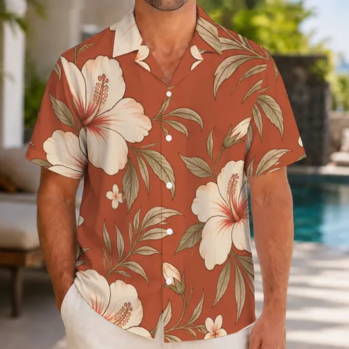 Red Hibiscus Floral Couple Style for Resort Getaways and Tropical Vacation Matching Looks Hawaiian Shirt