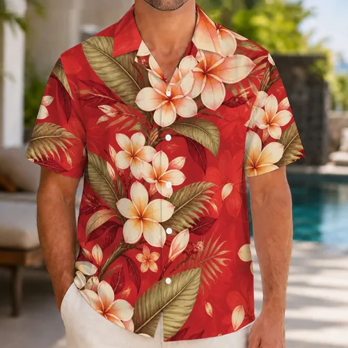 Red Plumeria Blossoms for Tropical Vacations and Island Getaways, Men’s Resort Style Hawaiian Shirt