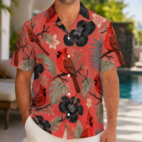 Red Cardinal Hibiscus Garden for Tropical Birdwatching Escapes and Nature Lovers Hawaiian Shirt