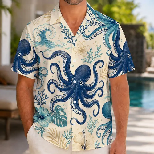 Octopus Ocean Blooms For Beach Vacations And Island Getaways For Sea Life Loving Men Hawaiian Shirt