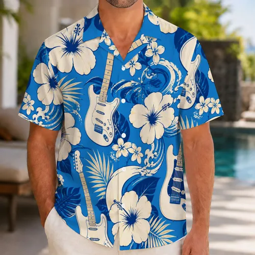 Vintage Guitar Hibiscus Beach Style for Island Vacations, Summer Getaways, and Beach Travel Hawaiian Shirt