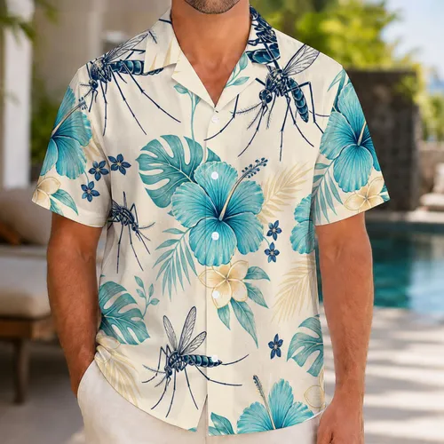Blue Mosquito Hibiscus Motif for Tropical Vacation Evenings and Outdoor Gatherings Hawaiian Shirt