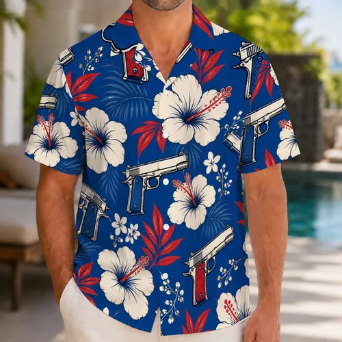Patriotic Handgun Hibiscus Motifs for Range Days, Island Vacations and 2A Enthusiasts Hawaiian Shirt