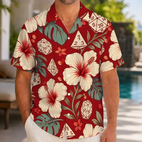 Red Polyhedral Dice And Hibiscus Island Motifs For Game Night Getaways And D&D Fans Hawaiian Shirt
